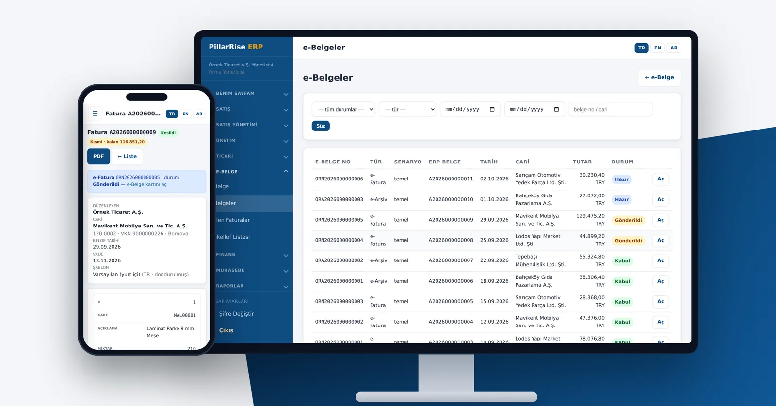 PillarRise ERP e-Belge ekranı: e-Fatura ve e-Arşiv belgelerinin listesi ve durumları